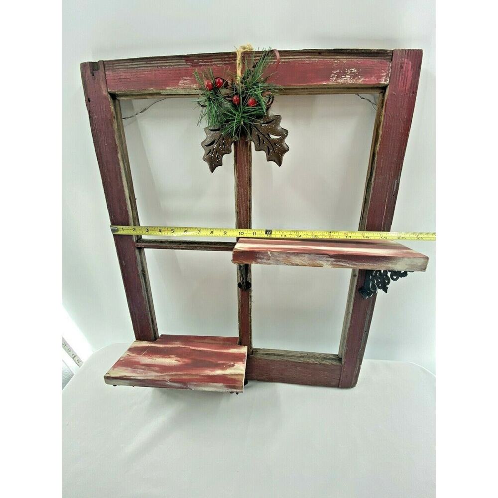 Vintage Red Barn Wood 4 Pane Window Wall Shelf Christmas Hollyberry Shadow Box - Picture 7 of 12